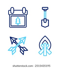 Fije la línea de fogata, flechas cruzadas, pala y calendario con el icono del árbol. Vector