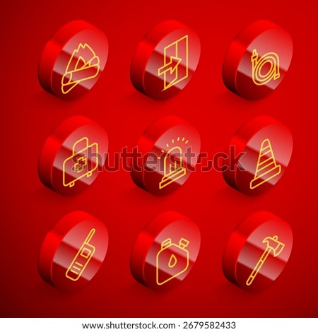 Set line Campfire, Fire exit, hose reel, First aid kit, Ringing alarm bell, Traffic cone, Walkie talkie and Canister fuel icon. Vector
