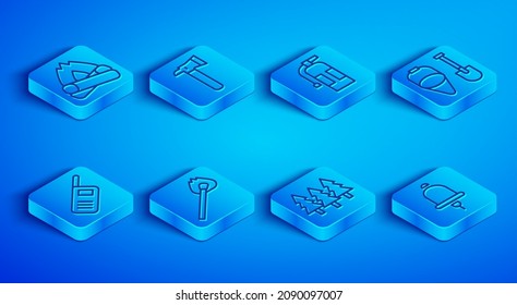 Set line Campfire, Firefighter axe, extinguisher, Burning match with, Forest, shovel and bucket, Walkie talkie and Ringing alarm bell icon. Vector