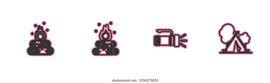 Set line Campfire, Flashlight,  and Tourist tent with flag icon. Vector