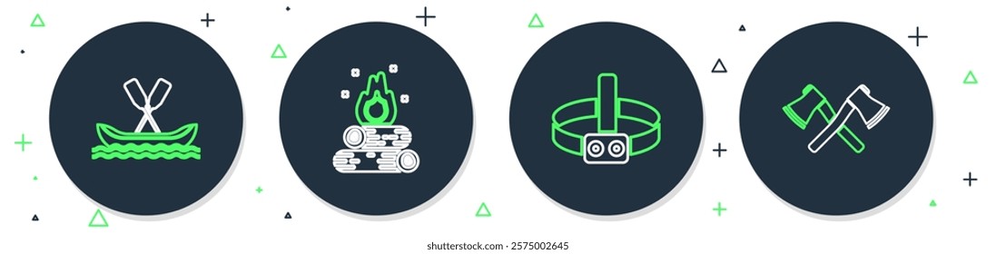 Set line Campfire, Head flashlight, Rafting boat and Crossed wooden axe icon. Vector