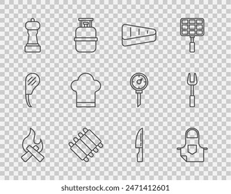 Set line Campfire, Kitchen apron, Steak meat, Grilled pork bbq ribs, Pepper, Chef hat, Barbecue knife and fork icon. Vector