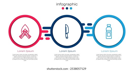 Set line Campfire, Knife and Bottle of water. Business infographic template. Vector