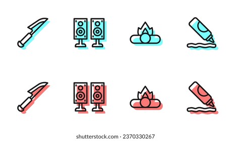Set line Campfire, Knife, Stereo speaker and Ketchup bottle icon. Vector