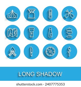 Set line Campfire, Knife, Tourist tent, Compass, Marshmallow on stick, Flashlight, Road traffic signpost and Bottle of water icon. Vector