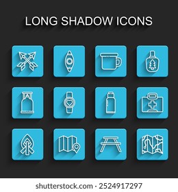 Set line Campfire, Location of the forest on map, Crossed arrows, Picnic table with benches, Smart watch showing heart beat rate, First aid kit and Canteen water bottle icon. Vector