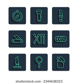 Set line Campfire, Magnifying glass, Lighter, Knife, Match stick, Swiss army knife, Compass and Blanket roll icon. Vector