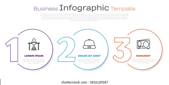 Ponga la línea Campfire y olla, sombrero Beanie y radio con antena. Plantilla de infografía de negocios. Vector