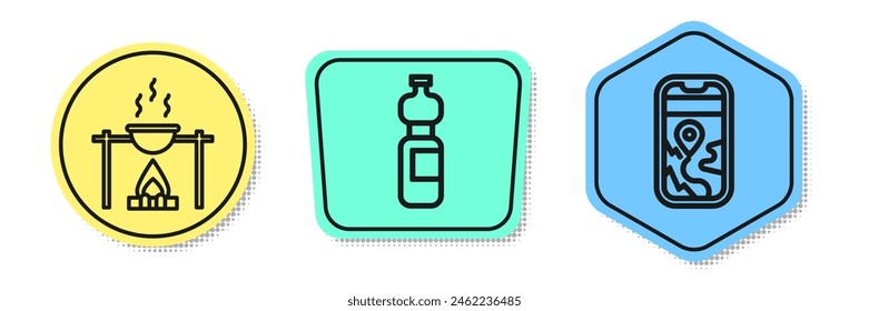 Fogata y olla, Botella de agua y navegación por el mapa de la ciudad. Formas de colores. Vector