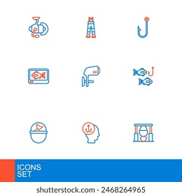 Set line Lagerfeuer und Topf, Camping Klappstuhl, Angeleimer mit Fisch, Haken, Finder Echolot, Außenbordmotor, Fischer und Hosen Symbol. Vektorgrafik
