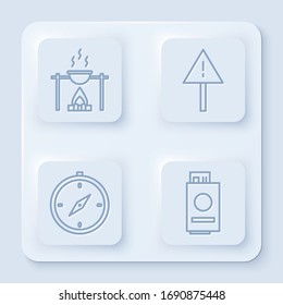 Set line Campfire and pot, Exclamation mark in triangle, Compass and Passport with ticket. White square button. Vector