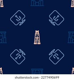 Set line Campfire and pot, Fishing hook and Fisherman pants on seamless pattern. Vector