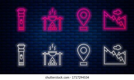 Fije la línea Fogata y la olla, Lugar, Faro y Montañas. Icono de neón brillante en la pared de ladrillo. Vector