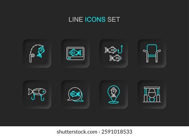 Set line Campfire and pot, Location fishing, Fish, Fishing lure, Camping folding chair, hook with, finder echo sounder and rod icon. Vector