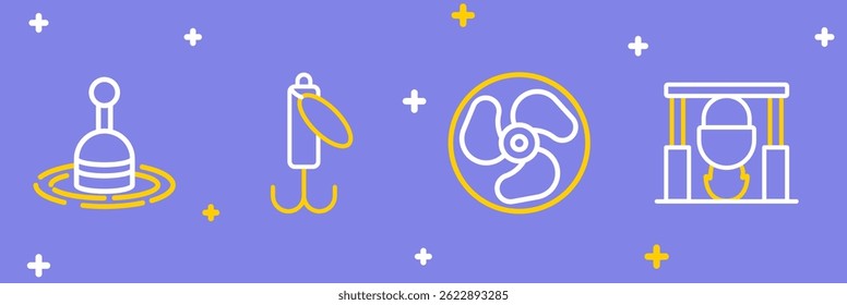 Set line Campfire and pot, Outboard boat motor, Fishing lure and float water icon. Vector