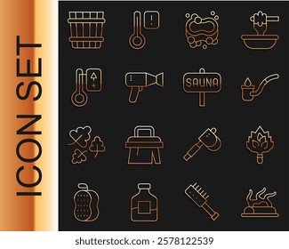 Set line Campfire, Sauna broom, ladle, Bar of soap, Hair dryer, thermometer, bucket and  icon. Vector