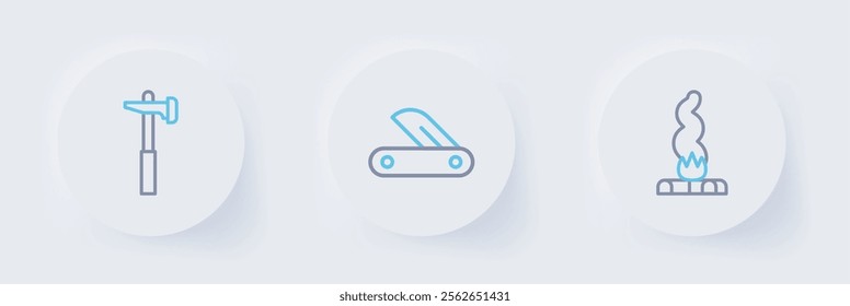 Set line Campfire, Swiss army knife and Hammer icon. Vector