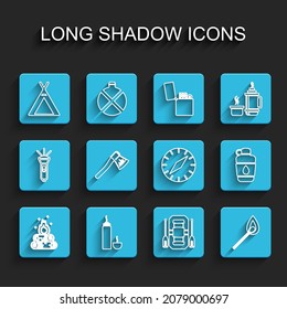 Set line Campfire, Thermos container, Tourist tent, Rafting boat, Burning match with, Wooden axe, Canteen water bottle and Compass icon. Vector