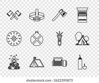 Set line Campfire, Thermos container, Wooden axe, Tourist tent with flag, Crossed wooden, Canteen water bottle, Flashlight and  icon. Vector