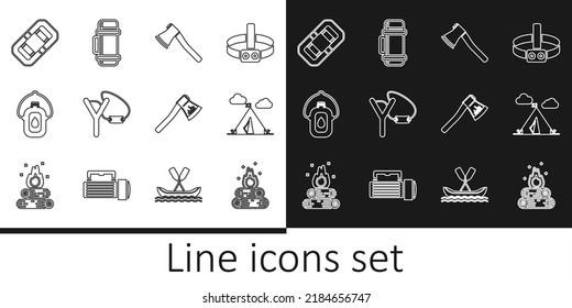 Set line Campfire, Tourist tent with flag, Wooden axe, Slingshot, Canteen water bottle, Rafting boat,  and Thermos container icon. Vector