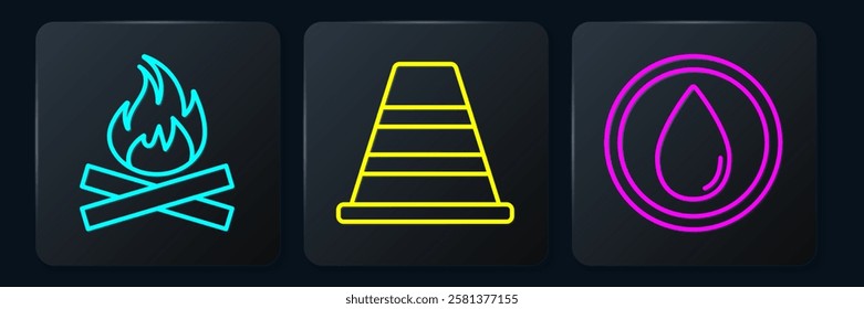 Set line Campfire, Water drop and Traffic cone. Black square button. Vector