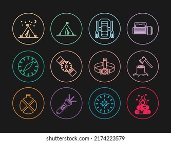 Set line Campfire, Wooden axe in stump, Rafting boat, Compass, Tourist tent with flag, Head flashlight and  icon. Vector