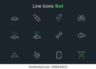 Set line Camping folding chair, Carabiner, Spinning reel for fishing, Fisherman hat, Oars paddles boat, Price tag and Dead icon. Vector