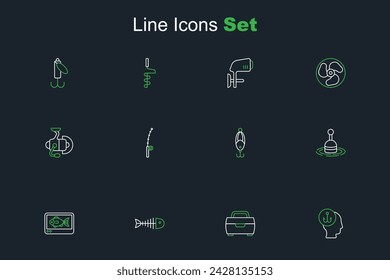 Set line Camping folding chair, Fishing hook, skeleton, finder echo sounder, float water, lure, rod and Spinning reel for fishing icon. Vector svg