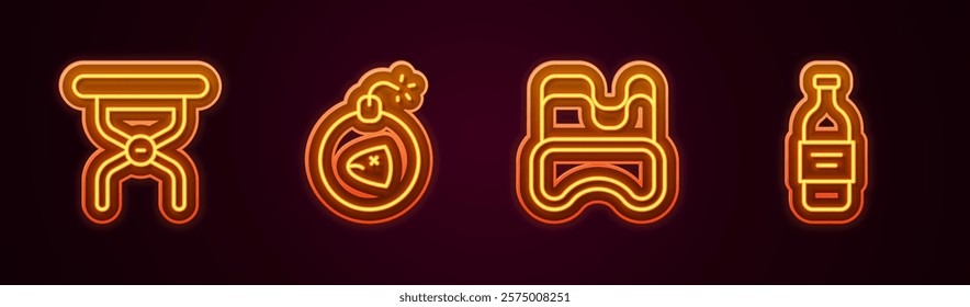Set line Camping folding chair, Bomb, Diving mask and Bottle of vodka. Glowing neon icon. Vector