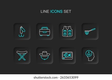 Set line Camping folding chair, Fish finder echo sounder, Dried fish, Fishing harpoon, net, jacket, hook and lure icon. Vector