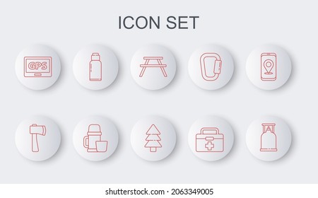 Set line Camping gas stove, Wooden axe, Picnic table with benches, First aid kit, Gps device map, Canteen water bottle, Thermos container and cup and Tree icon. Vector