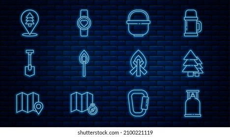 Set line Camping gas stove, Tree, pot, Burning match with fire, Shovel, Location of the forest, Campfire and Smart watch showing heart beat rate icon. Vector