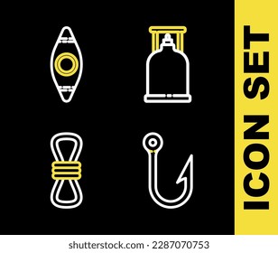 Set line Camping gas stove, Fishing hook, Climber rope and Kayak or canoe icon. Vector