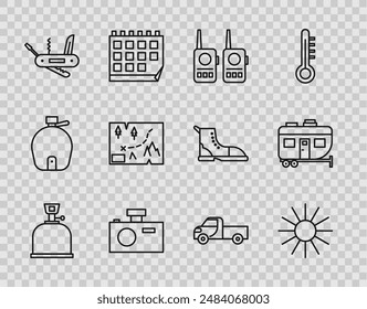 Set line Estufa de gas para camping, sol, walkie talkie, cámara de fotos, cuchillo del ejército suizo, mapa plegado con ubicación, camioneta e icono de remolque Rv. Vector