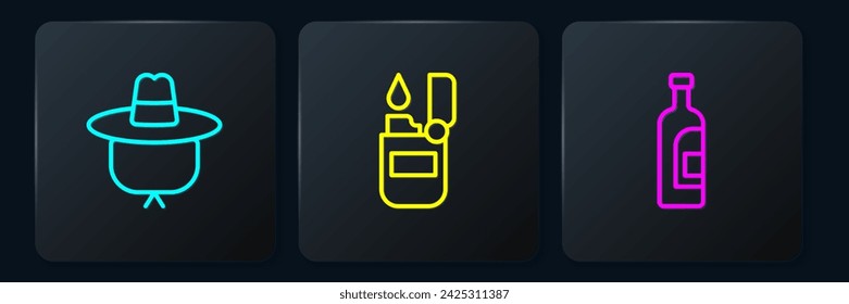 Set line Sombrero de camping, botella de vino y encendedor. Botón cuadrado negro. Vector