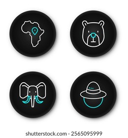 Set line Camping hat, Elephant, Bear head and Map of Africa icon. Vector