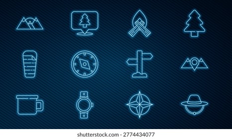 Set line Camping hat, Location mountains, Campfire, Compass, Sleeping bag, Mountains, Road traffic signpost and of the forest icon. Vector