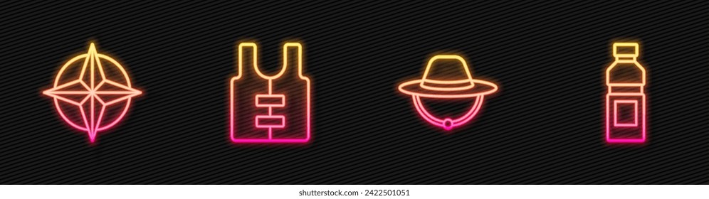 Set line Camping hat, Wind rose, Life jacket and Bottle of water. Glowing neon icon. Vector