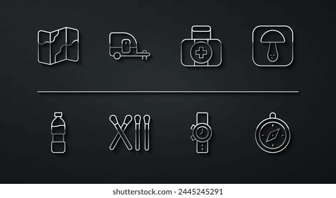 Set line Camping and hiking on map, Bottle of water, Mushroom, Wrist watch, Match stick, Rv trailer, Compass and First aid kit icon. Vector