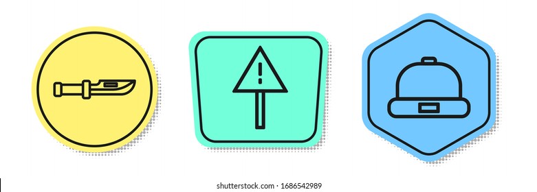 Set line Camping knife, Exclamation mark in triangle and Beanie hat. Colored shapes. Vector
