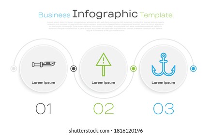 Fijar la navaja de acampar, la marca de exclamación en triángulo y anclaje. Plantilla de infografía de negocios. Vector