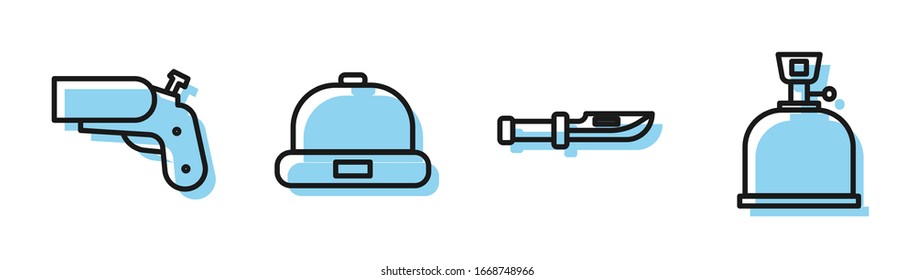 Set Linie Camping Messer, Fare Pistole, Beanie Hut und Camping Gasherd Icon. Vektorillustration