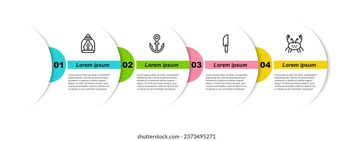 Set line Camping lantern, Anchor, Knife and Crab. Business infographic template. Vector