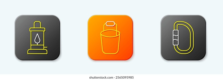 Set line Camping lantern, Bucket and Carabiner icon. Vector
