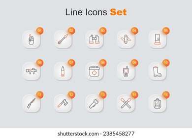 Set line Camping lantern, Burning match with fire, Flashlight, Wooden axe, Hunting gun, Waterproof rubber boot, Walkie talkie and Target sport icon. Vector