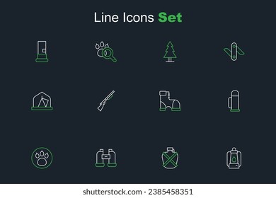 Set line Camping lantern, Canteen water bottle, Binoculars, Paw search, Thermos container, Hunter boots, Hunting gun and Tourist tent icon. Vector