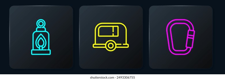Set line Camping lantern, Carabiner and Rv trailer. Black square button. Vector