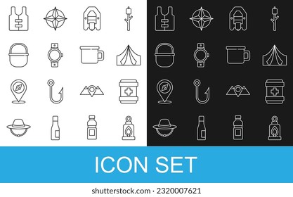 Set line Camping lantern, First aid kit, Tourist tent, Rafting boat, Smartwatch, pot, Life jacket and metal mug icon. Vector