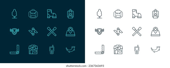 Set line Camping lantern, Hunting shop, Burning match with fire, Walkie talkie, Swiss army knife, Hunter boots, Tree and Hiking backpack icon. Vector