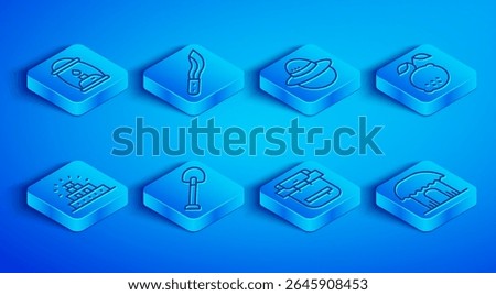 Set line Camping lantern, Machete, hat, Shovel, Hiking backpack, Lemon, Chichen Itza Mayan and African hut icon. Vector